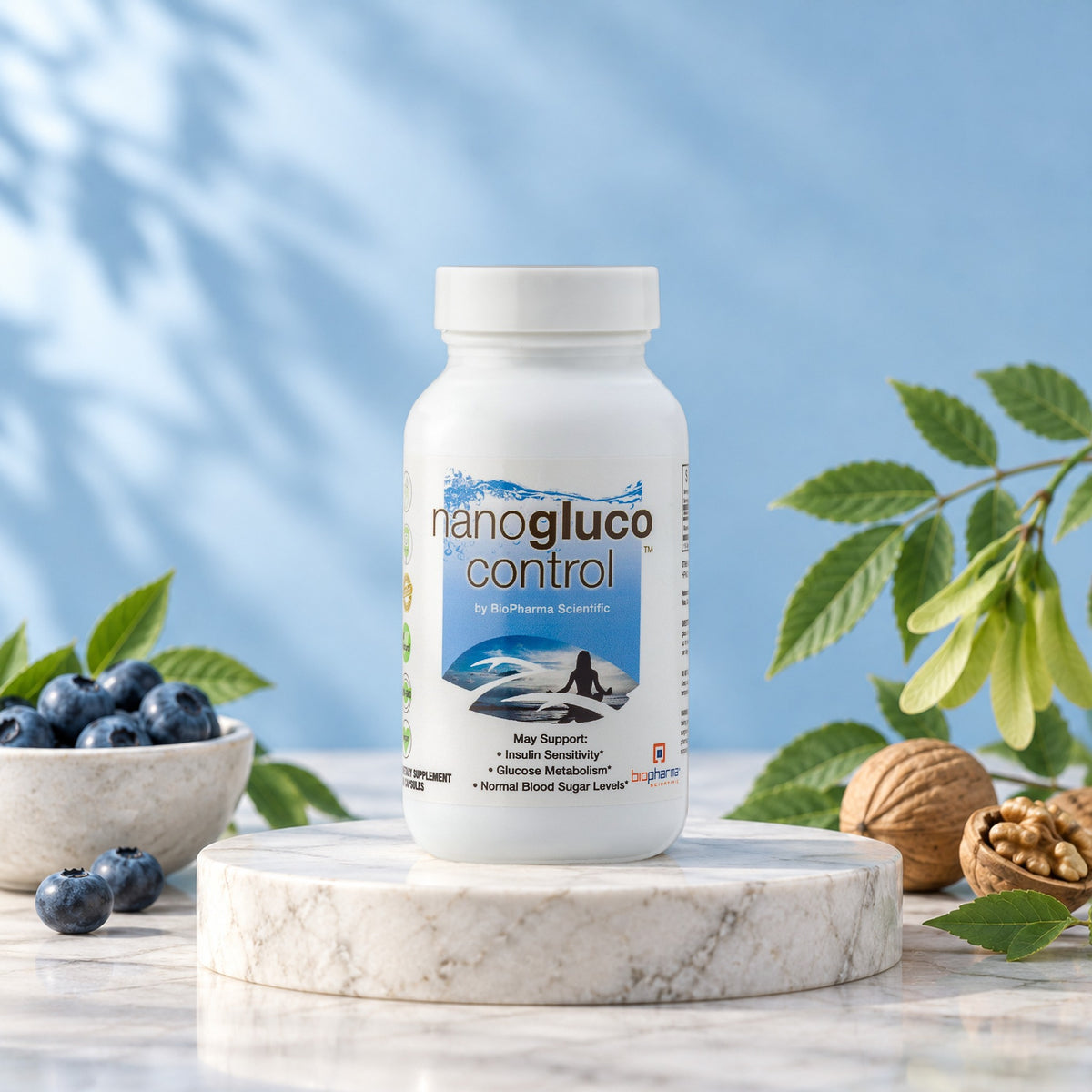 NanoGluco Control bottle in a bright studio still life with fresh ingredients