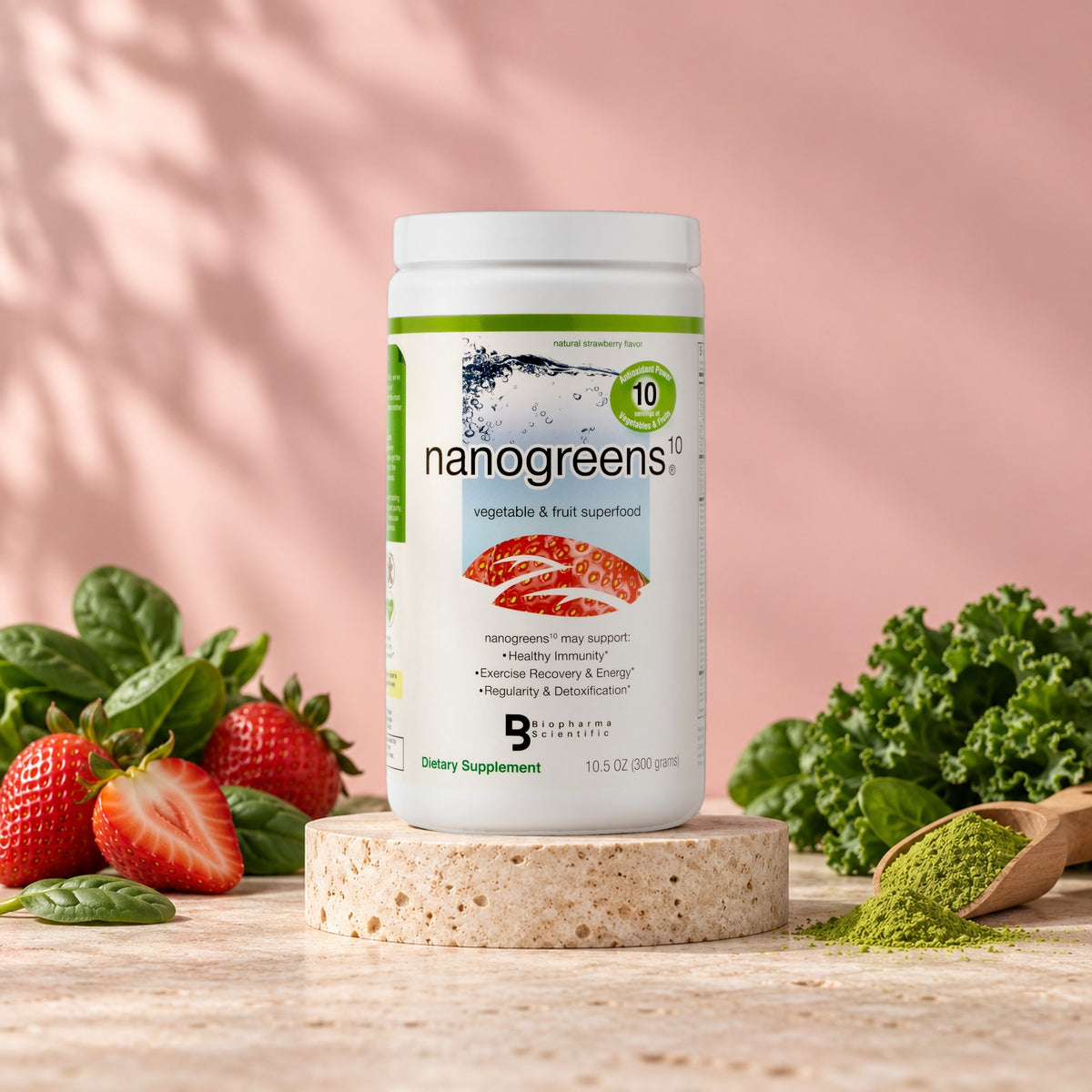 NanoGreens10 Strawberry tub in a bright studio still life with fresh ingredients