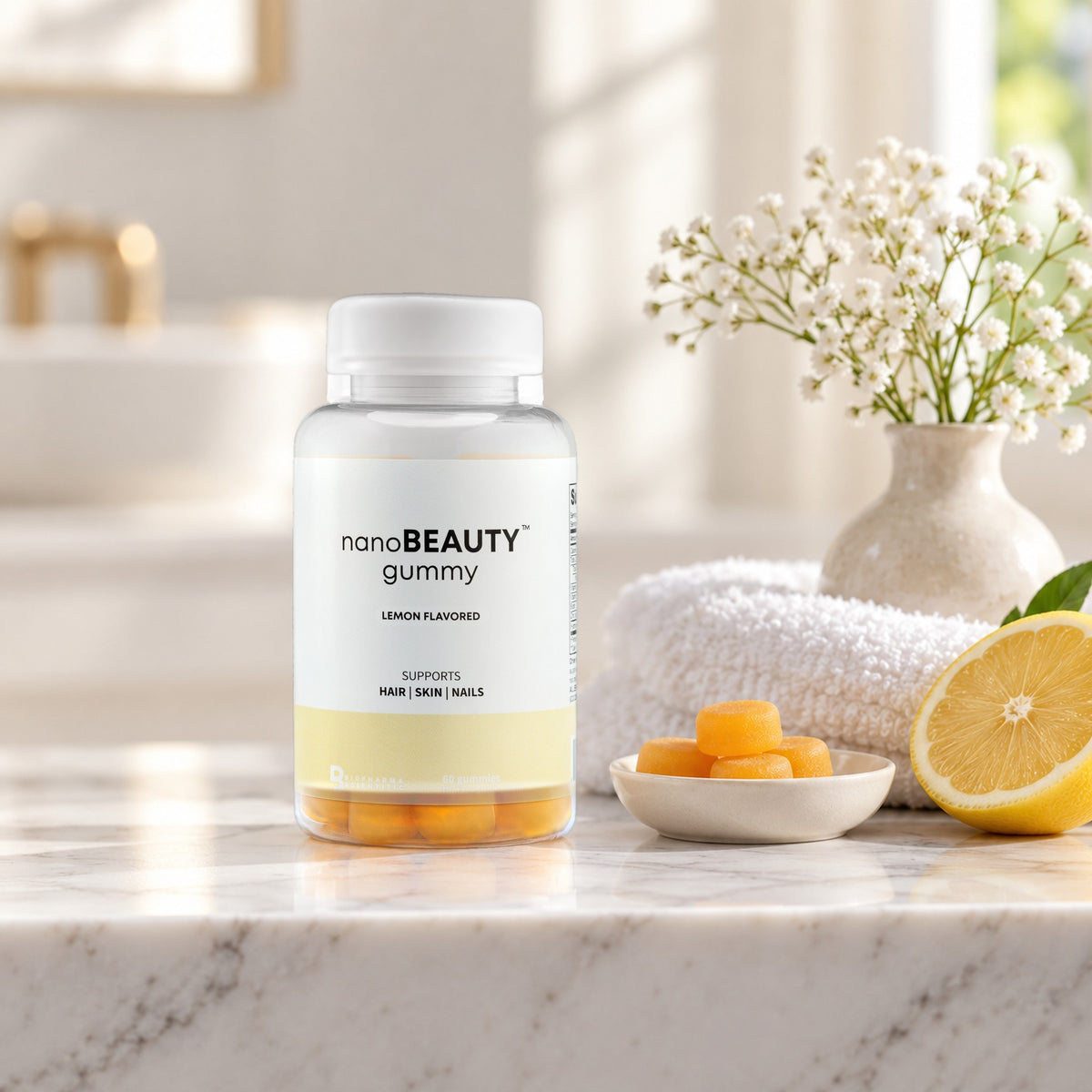 NanoBeauty Gummies jar in a fresh morning still life
