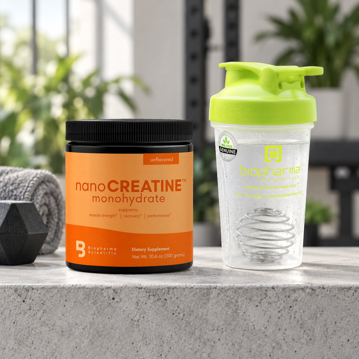 NanoCreatine Monohydrate tub in a fresh morning still life