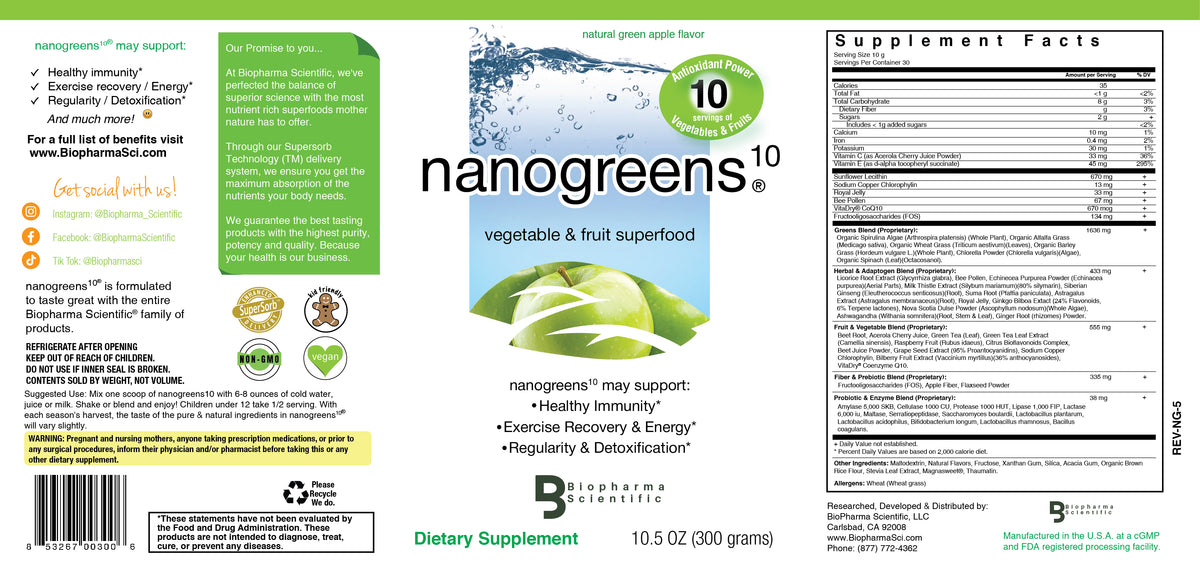 NanoGreens Green Apple - full bottle label