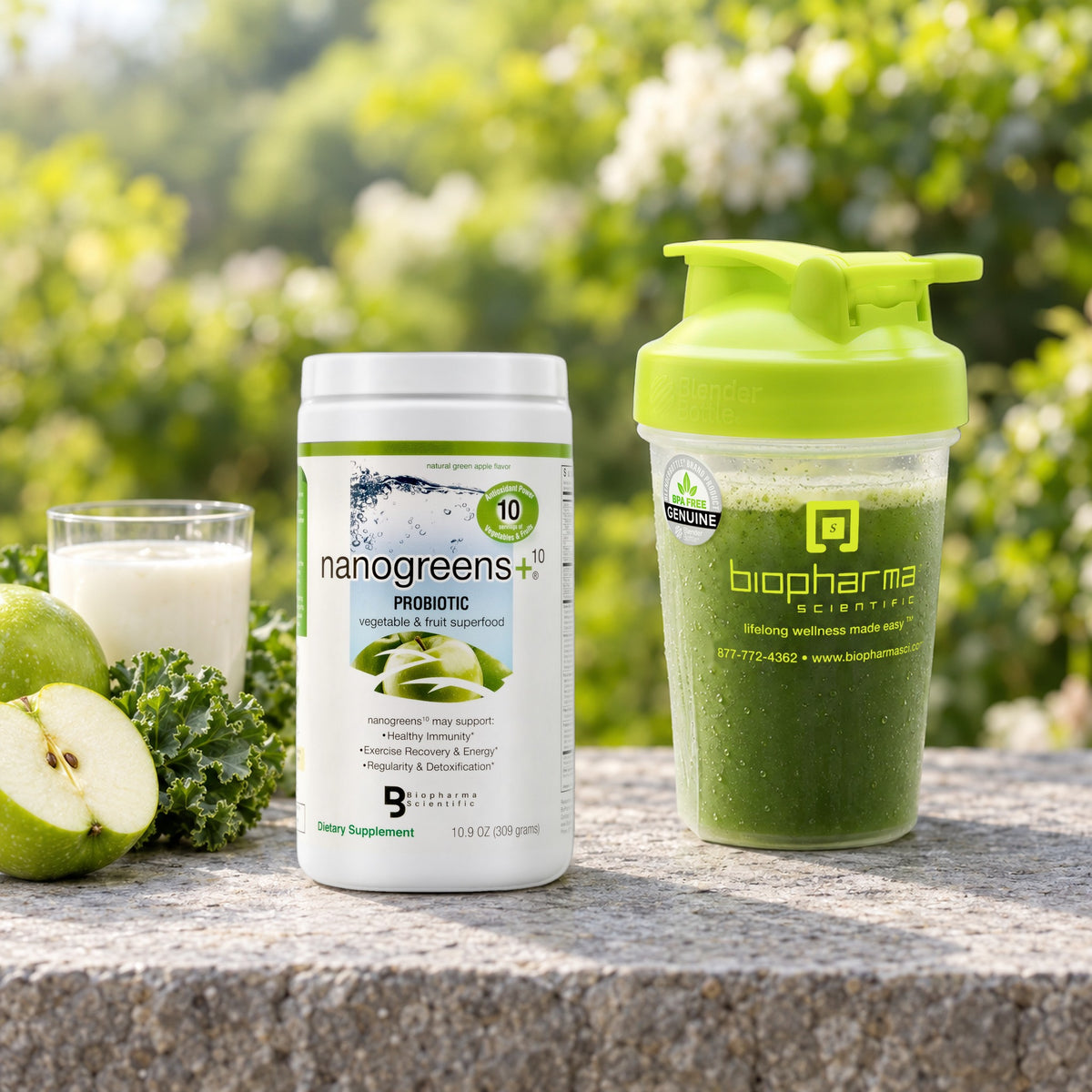NanoGreens10+ Probiotic Green Apple tub in a fresh morning still life