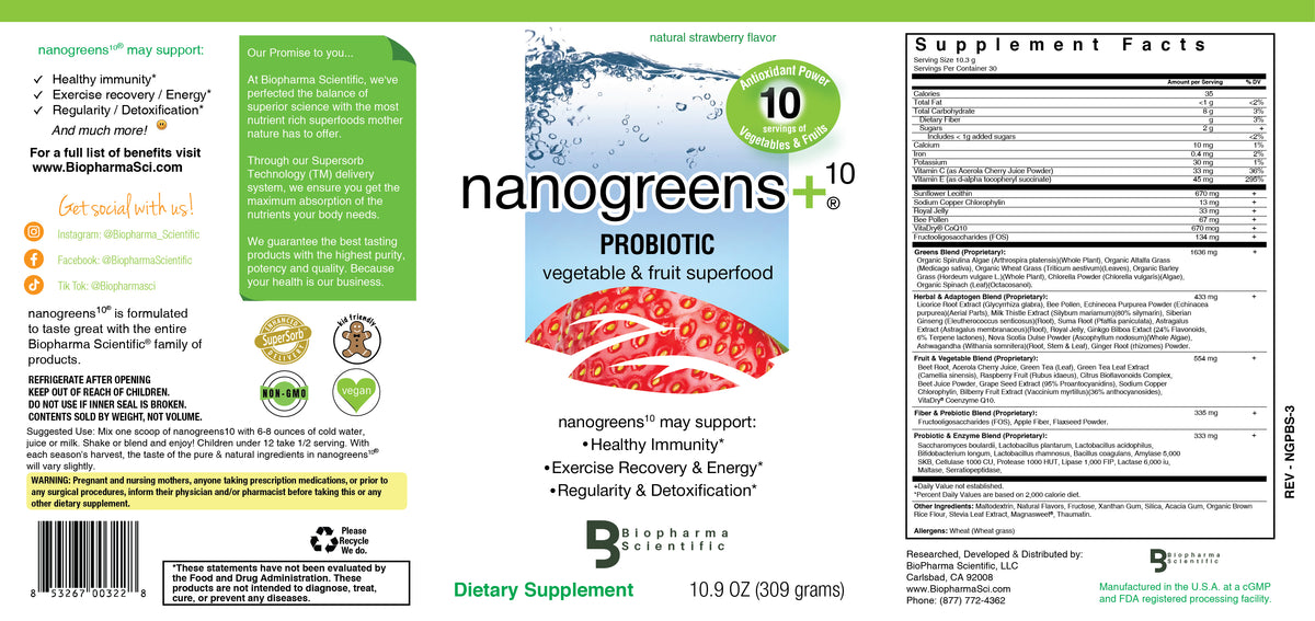 NanoGreens + Probiotic Strawberry - full bottle label