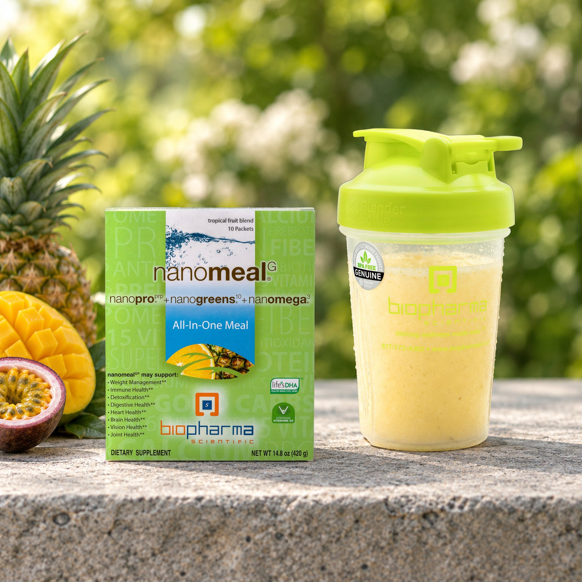 NanoMeal Tropical Blend carton in a fresh morning still life