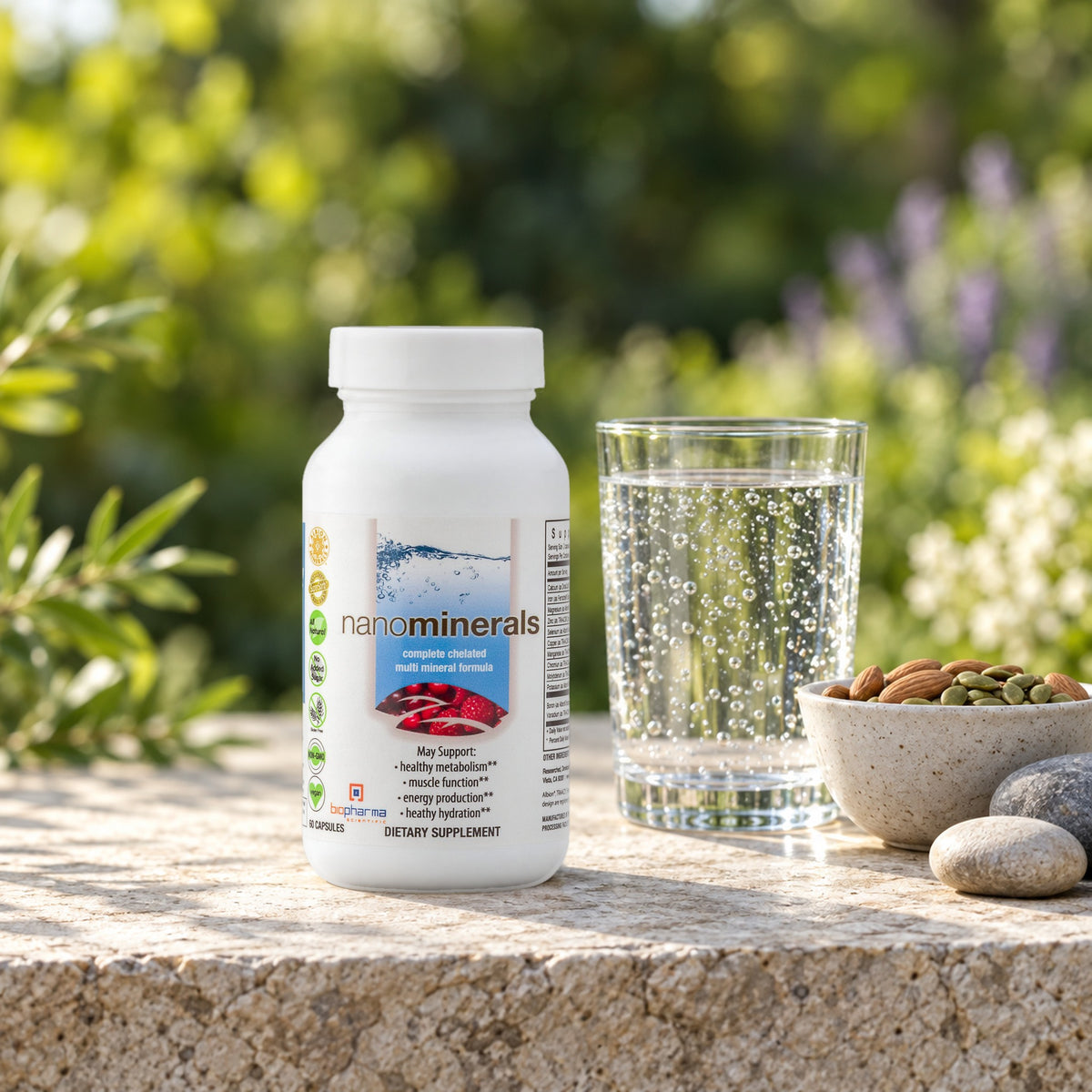 NanoMinerals bottle in a fresh morning still life