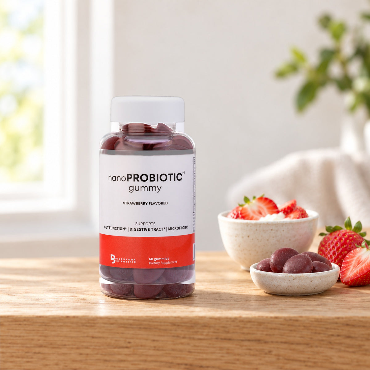 NanoProbiotic Gummies jar in a fresh morning still life