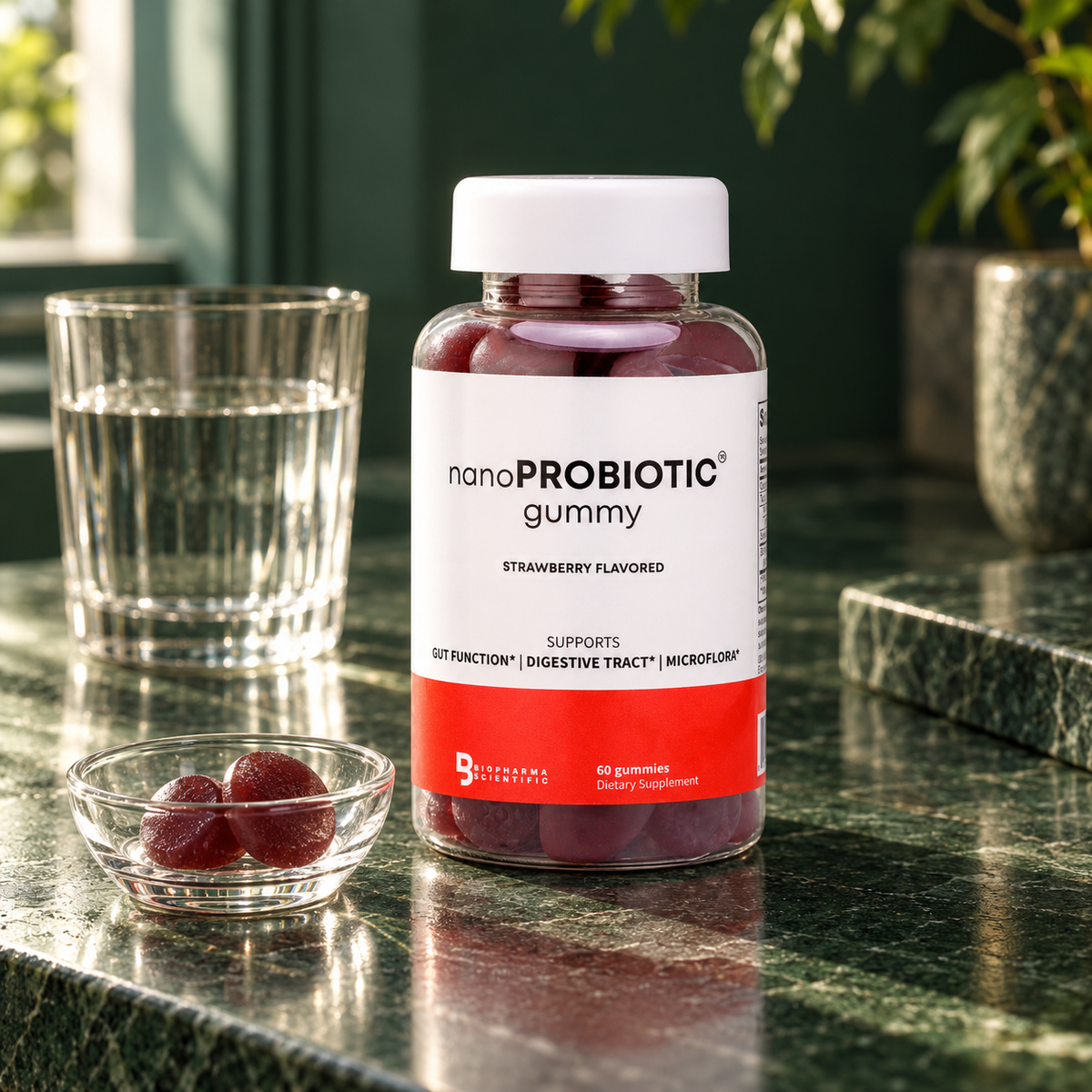 NanoProbiotic strawberry gummies with water on a forest green counter