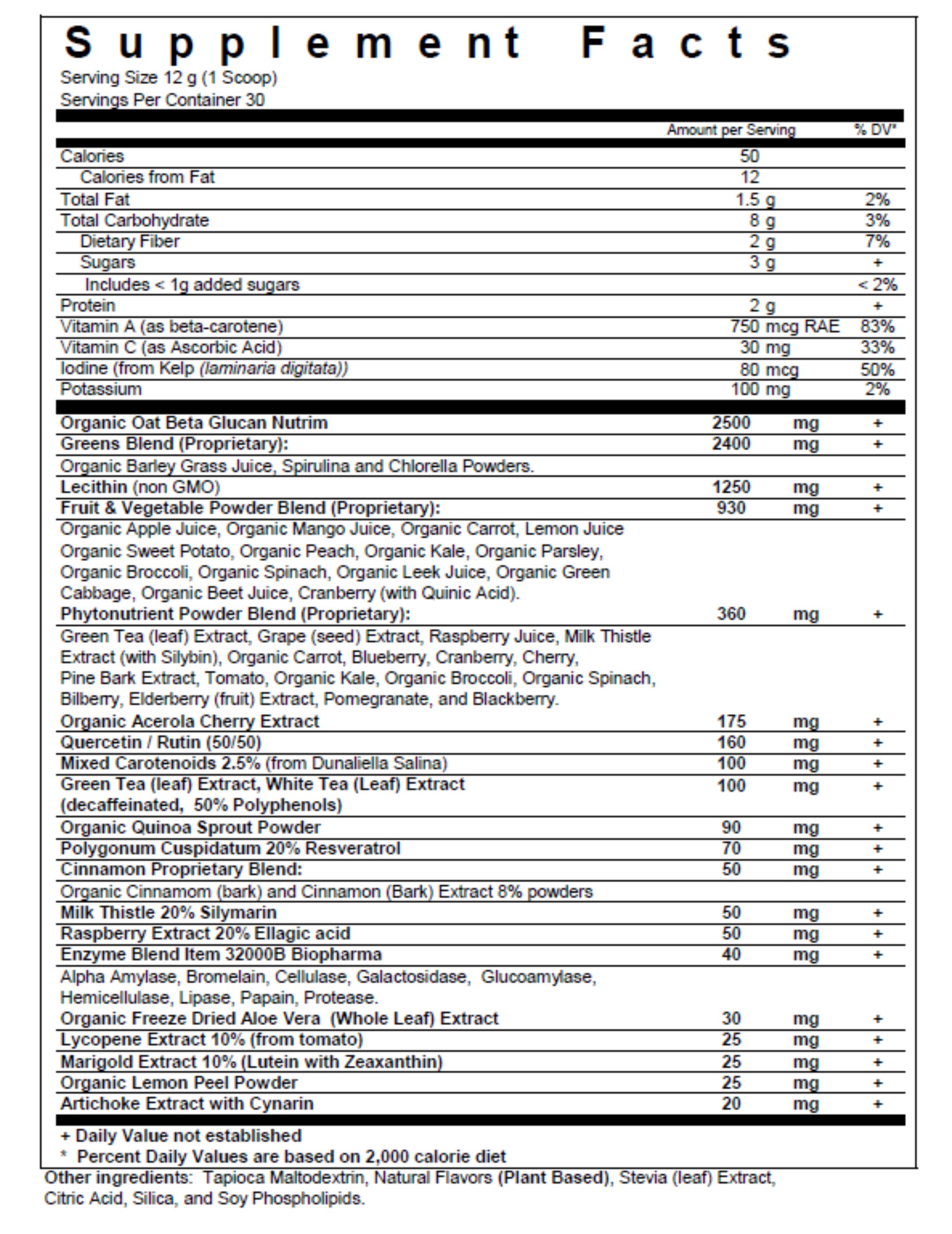 Super Greens Powder nanogreens green apple fruit and vegetable superfood powder supplement - nutrition label