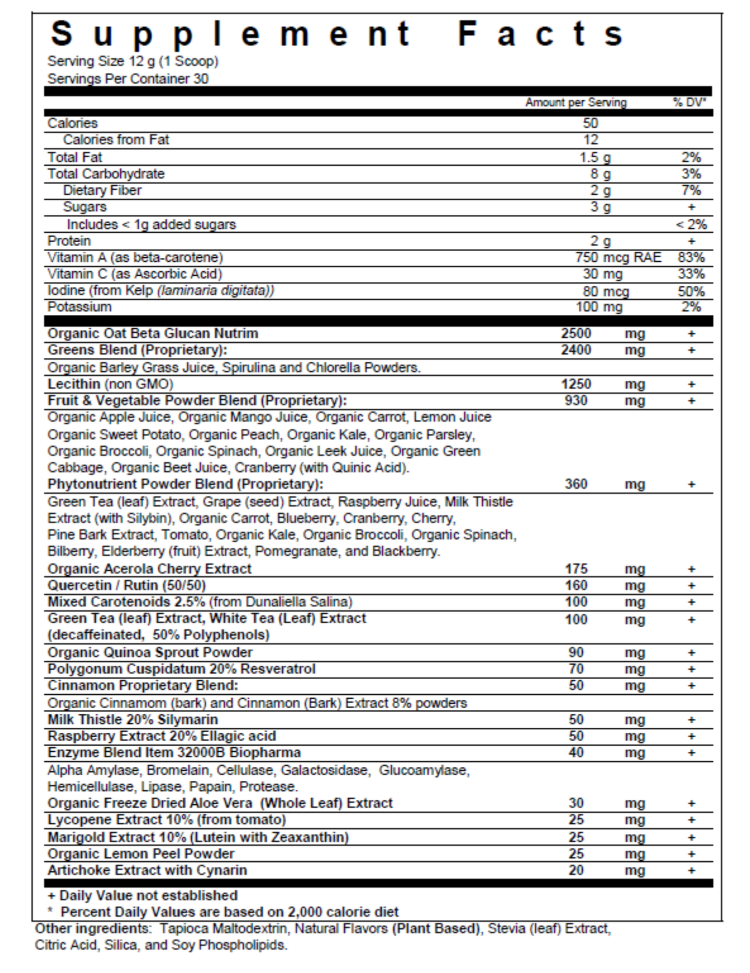 nanogreens strawberry fruit and vegetable superfood powder supplement - nutrition label